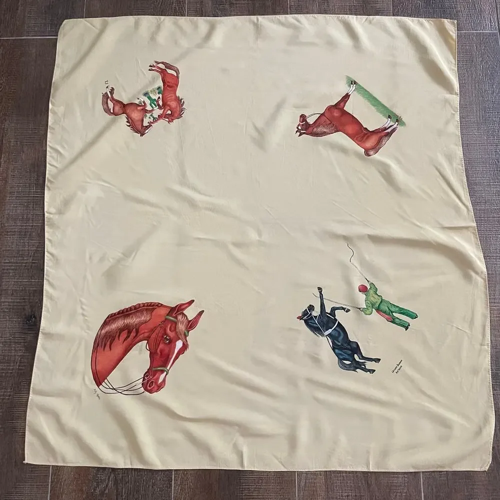 Vintage Equestrian Scarf Featuring Horse and Jockey Motif 30 x 33